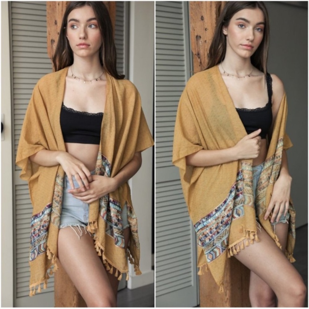 One Size Kimono w/ Tassels & Embroidery - Mustard